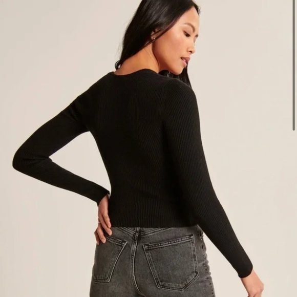 Abercrombie & Fitch BLUE Ribbed Portrait Neck Crop Knit  Long-Sleeve Top Sz XL - Picture 3 of 8